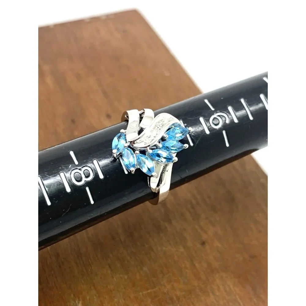 Blue Gemstone Diamond Cocktail Ring 10k White Gold Estate Jewelry Women's Size 7